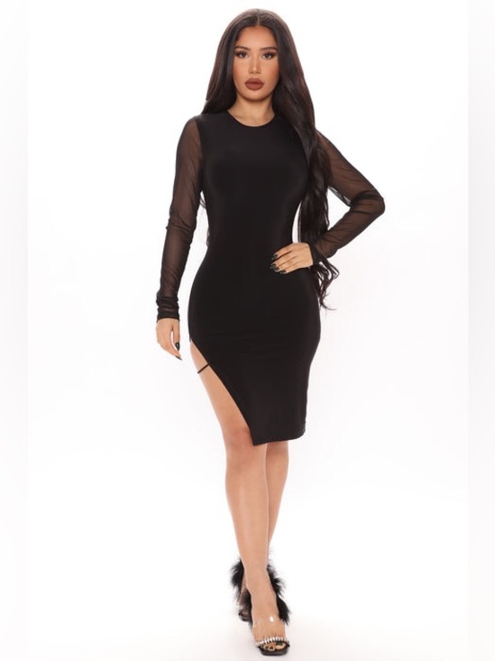 Fashion Nova Dresses & Skirts - Fashion Nova Closing the Club Black Sheer-Sleeve Bodycon Dress - Open Hip - Sz M